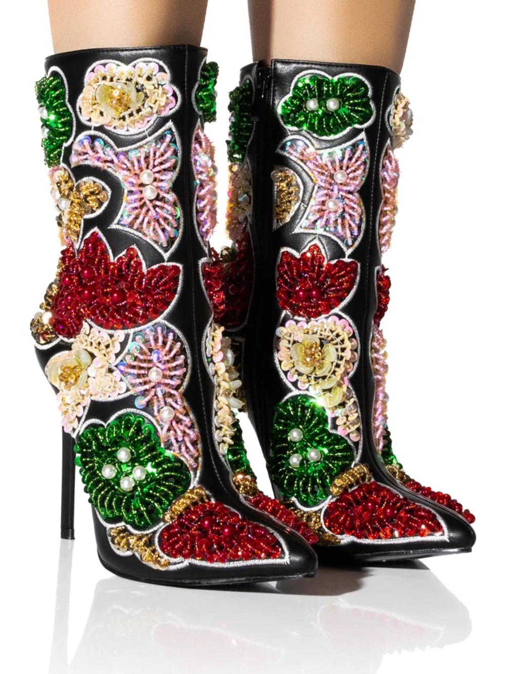 Azalea Wang Albany Beaded, Sequin Embellished Black Floral Ankle Boots